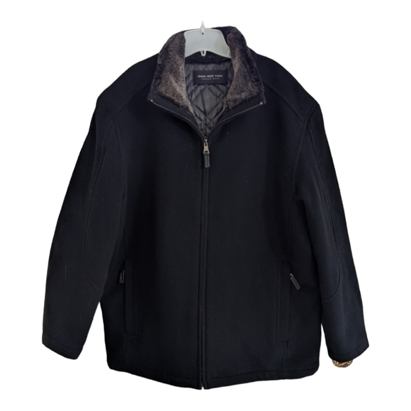 Marc New York black wool/cashmere w/ brown faux fur collar car coat Size XL EUC - Picture 1 of 7